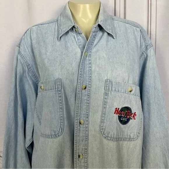 Vintage 90s Hard Rock Cafe Niagara Falls Button Down Long Sleeve Denim Shirt Sm - Picture 2 of 10